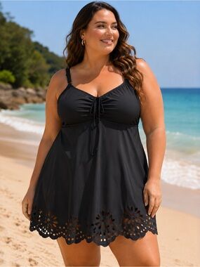 BloomChic Black Swim Dress Size 28 Plus Size One Piece Scalloped Laser Cut